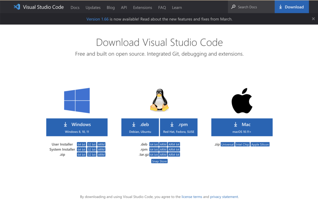 Visual Studio Codeのダウンロードページ